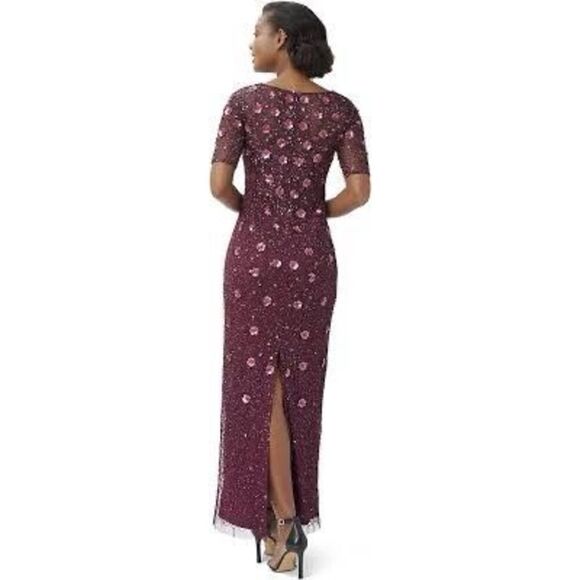 Adrianna Papell Sz 6 Floral 3D Sequin Ball Gown Maroon Sparkle High Slit Formal - Picture 4 of 16